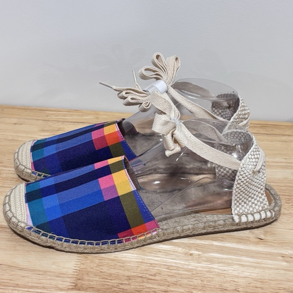 J. Crew Navy Blue Madras Plaid Ankle Tie D'Orsay Flat‎ Espadrilles size 10.5 NEW